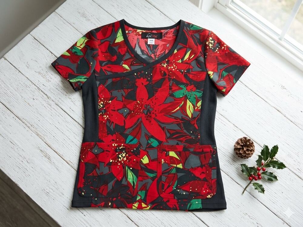 Koi Lite Raquel Scrub Top XXS New With Tags Holiday Poinsettia Floral Mock Wrap